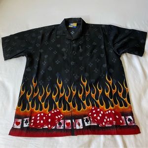 XNT Flames Playing Cards Dice Short Sleeve Button Front Shirt Size Medium Casino